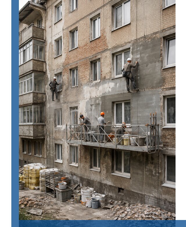 Капитальный ремонт фасада в Жигулёвске с восстановлением и гидроизоляцией