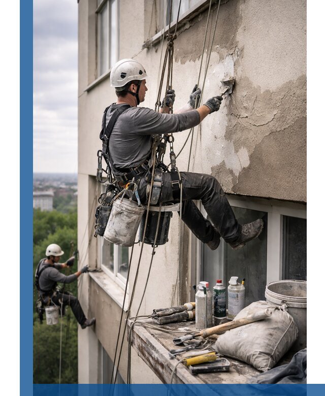 Косметический ремонт фасада зданий в Жигулёвске промышленными альпинистами