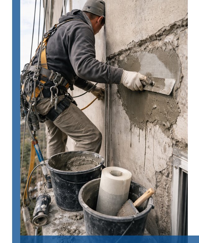 Ремонт бетонных элементов фасада промышленными альпинистами в Жигулёвске