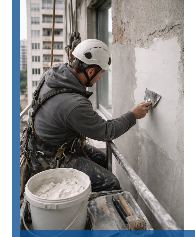 Шпаклевка фасадов на высоте с промальпинистами в Жигулёвске