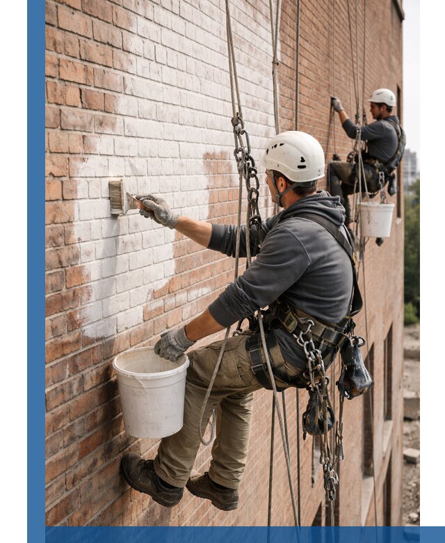 Покраска кирпичного фасада с доступным альпинистским сервисом в Жигулёвске