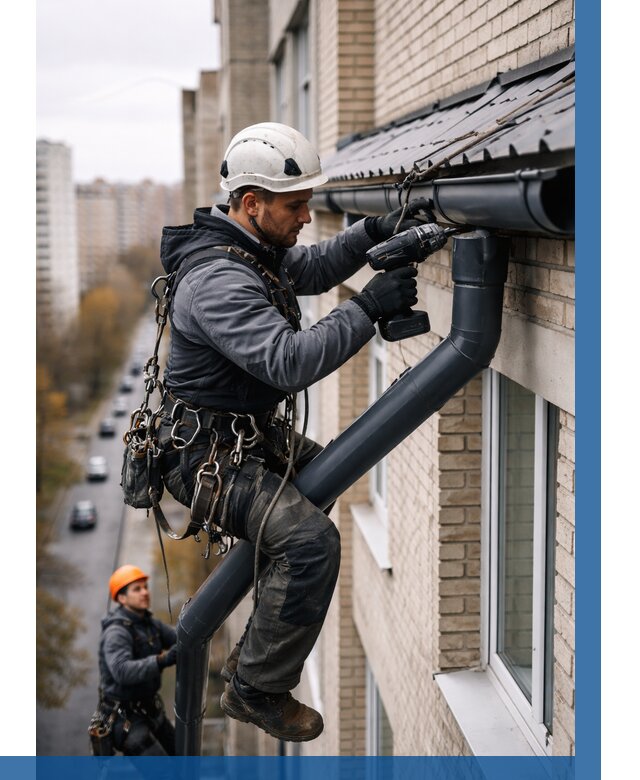 Монтаж водосточной системы на здании в Жигулёвске от 5060 р. | ВЫСОТНИК-Жгл