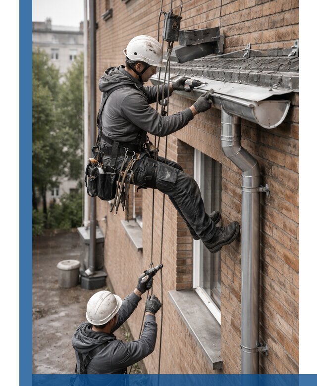 Монтаж водосточной системы на здании в Жигулёвске под ключ