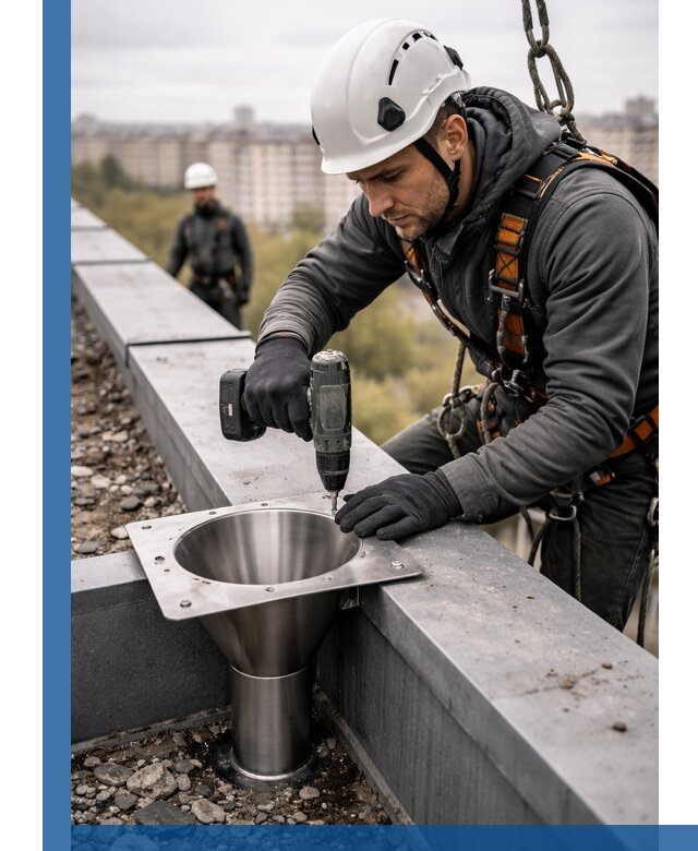 Монтаж водосточных воронок в Жигулёвске для промышленных зданий