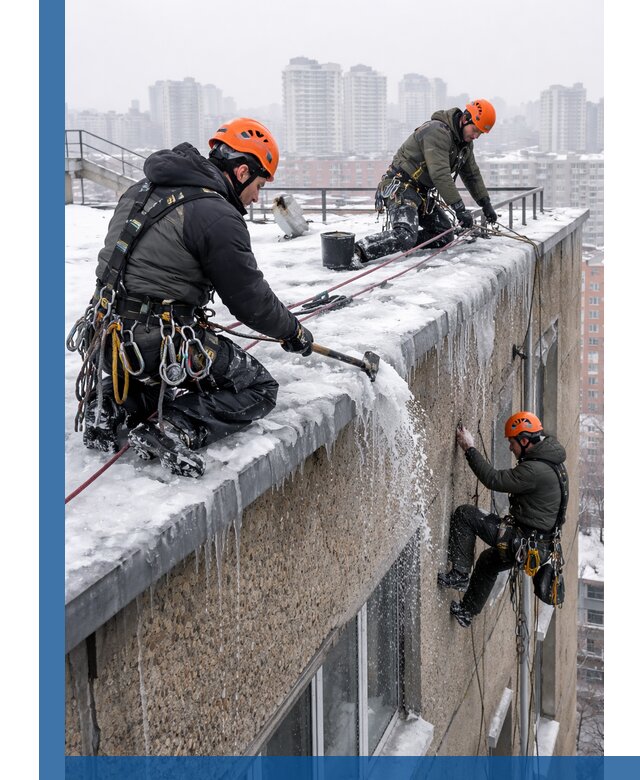 Удаление наледи с кровли в Жигулёвске промышленными альпинистами