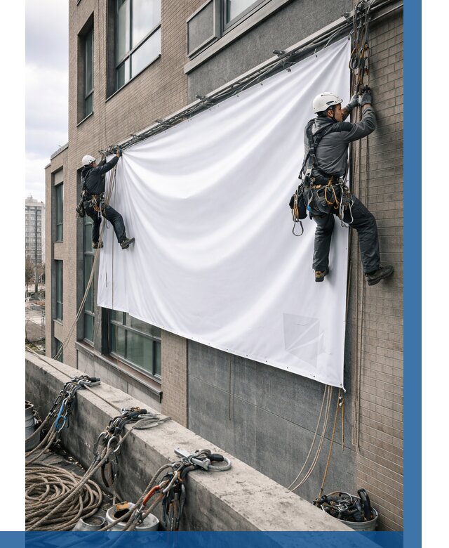 Монтаж баннеров на фасаде в Жигулёвске от 658 р. заказать ВЫСОТНИК-Жгл