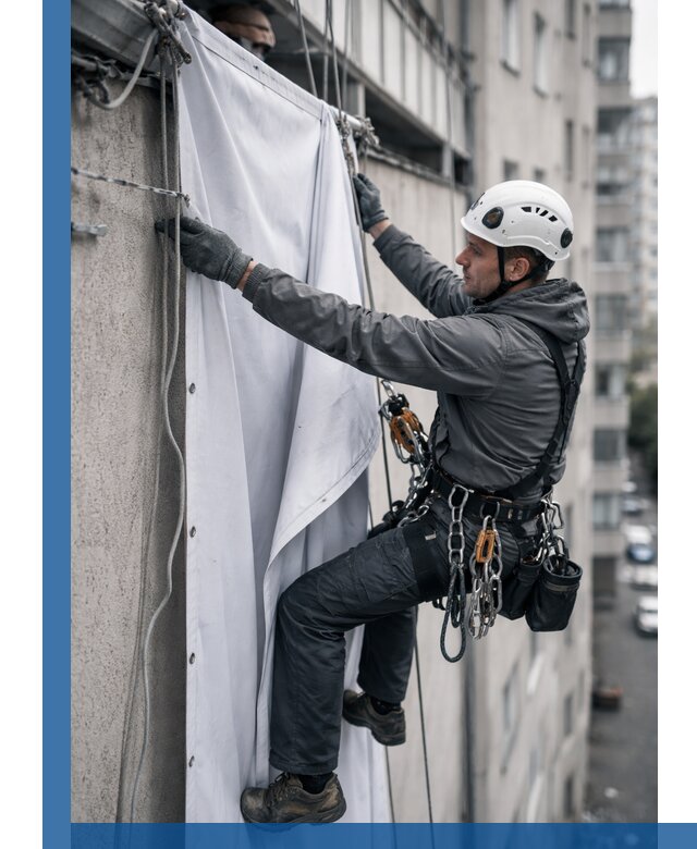 Замена баннерного полотна промышленными альпинистами в Жигулёвске