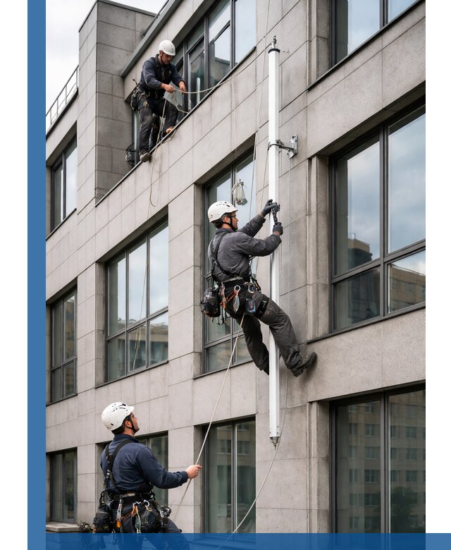 Монтаж флагштока на фасаде здания с креплением и герметикой в Жигулёвске