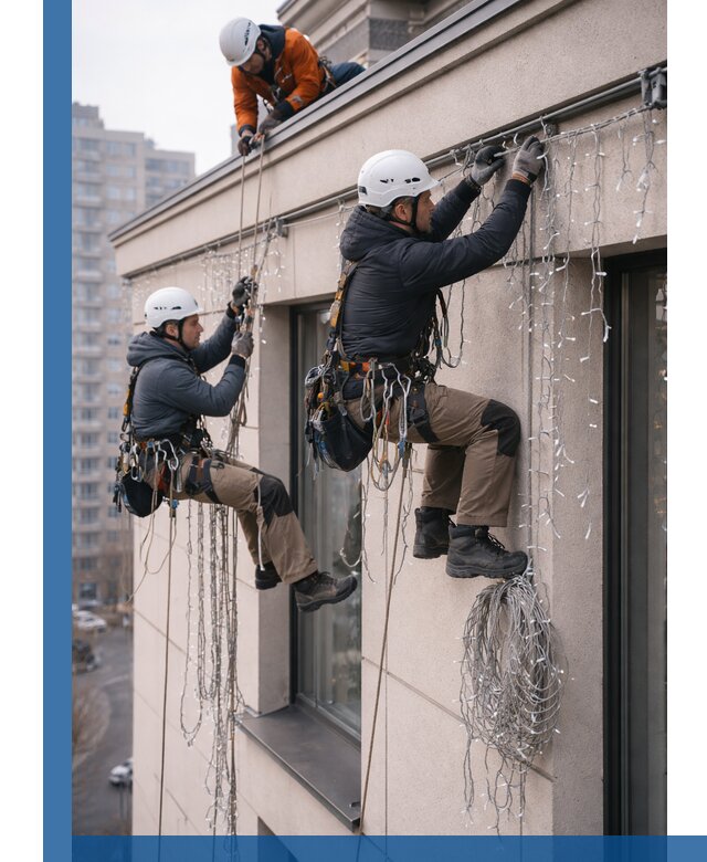 Монтаж праздничных гирлянд на фасаде в Жигулёвске для зданий