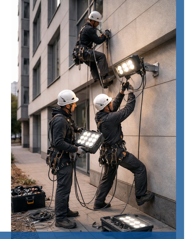 Монтаж прожекторов на фасаде в Жигулёвске от 7589 р. | ВЫСОТНИК-Жгл