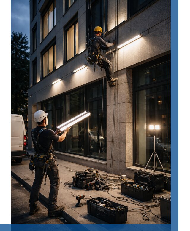 Монтаж архитектурной подсветки здания в Жигулёвске от 2530 р.|ВЫСОТНИК-Жгл