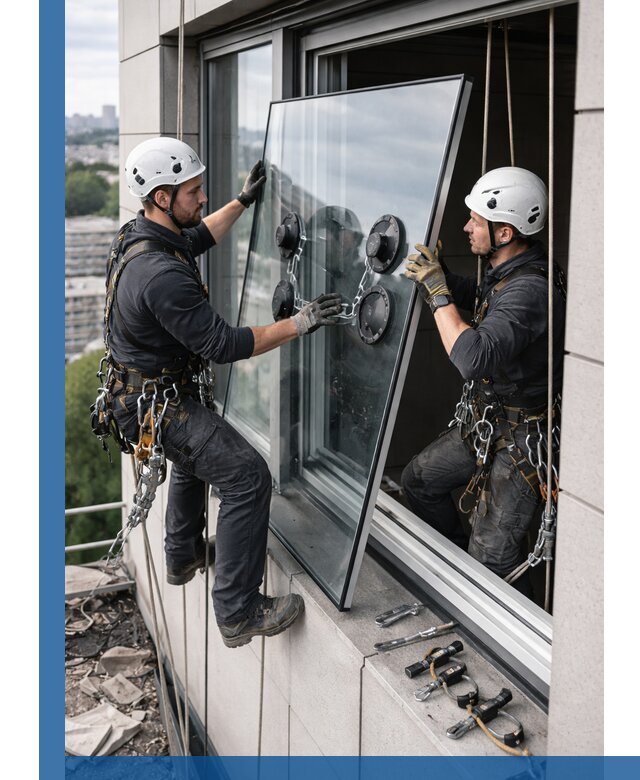 Замена стеклопакетов на высоте с промышленными альпинистами в Жигулёвске