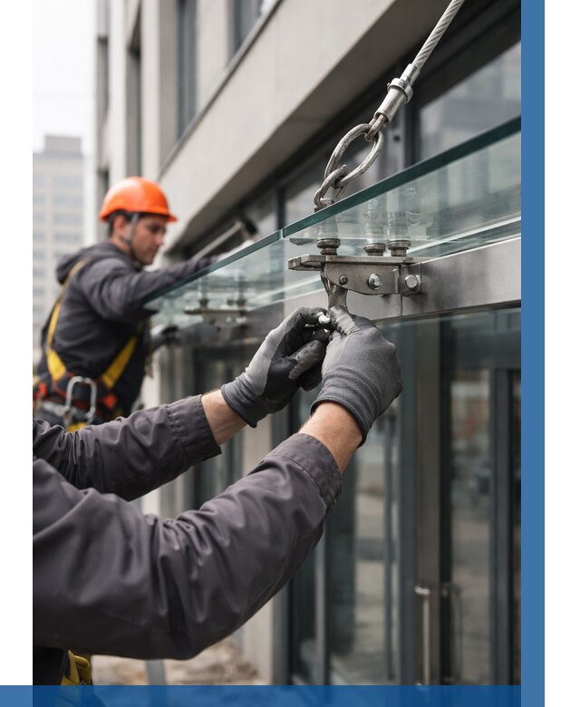 Монтаж стеклянных козырьков в Жигулёвске от 8601 р. | ВЫСОТНИК-Жгл