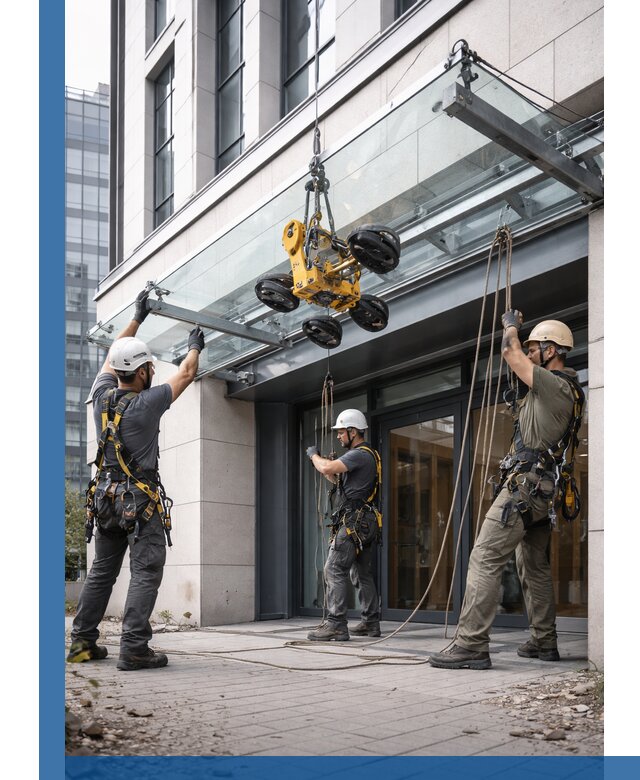 Монтаж стеклянных козырьков под ключ в Жигулёвске для зданий