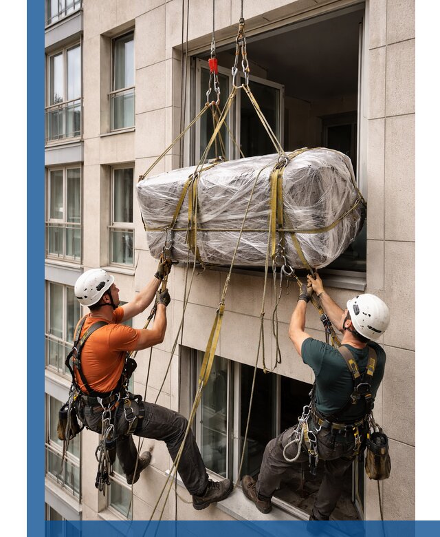 Подъем грузов через окно в Жигулёвске промышленными альпинистами