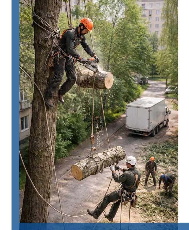 Спил деревьев альпинистами в Жигулёвске, безопасно и без повреждений